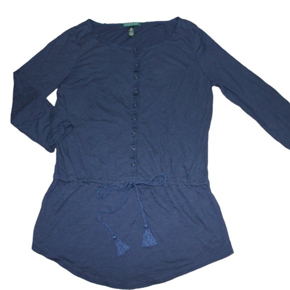 Lauren Ralph Lauren Tops - Lauren Ralph Lauren Navy Blue Tunic Top Drawstring Button Womens Size S Small